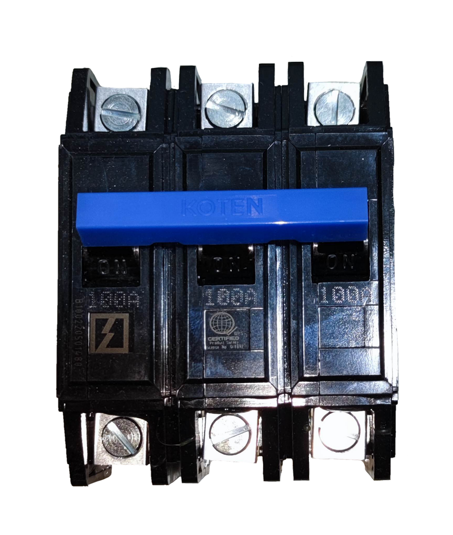 Koten 100A Circuit Breaker Bolt On 3 Phase black electrical component with blue handle