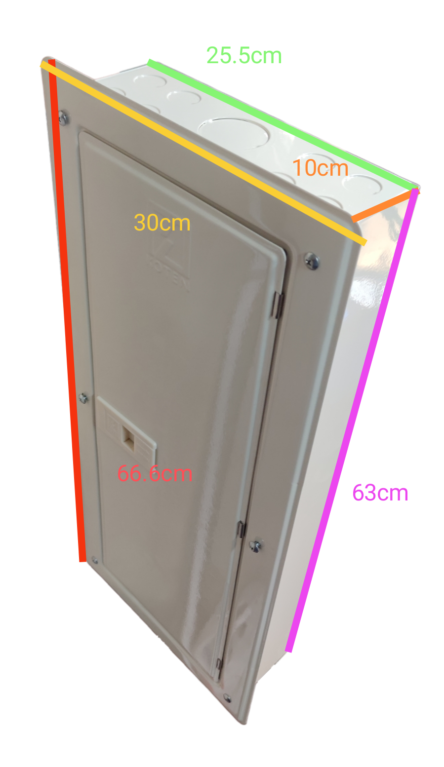 Koten 100A panel board with MCB electrical circuitry enclosure measuring 66.6 cm by 30 cm by 25.5 cm