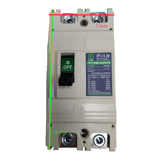 Koten 225A molded case circuit breaker with on off switch and technical specifications label
