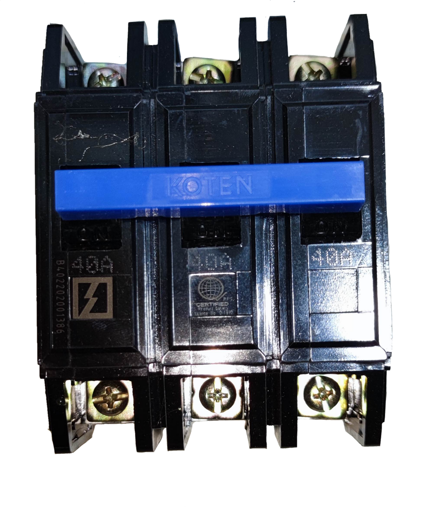 Koten 40A Circuit Breaker Bolt On 3 Phase black three pole breaker with blue handle and terminal screws