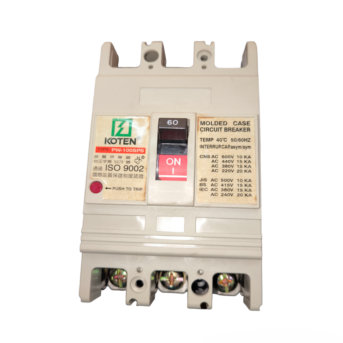Koten 60A 3Pole Industrial Circuit Breaker molded case with on off switch and electrical specifications