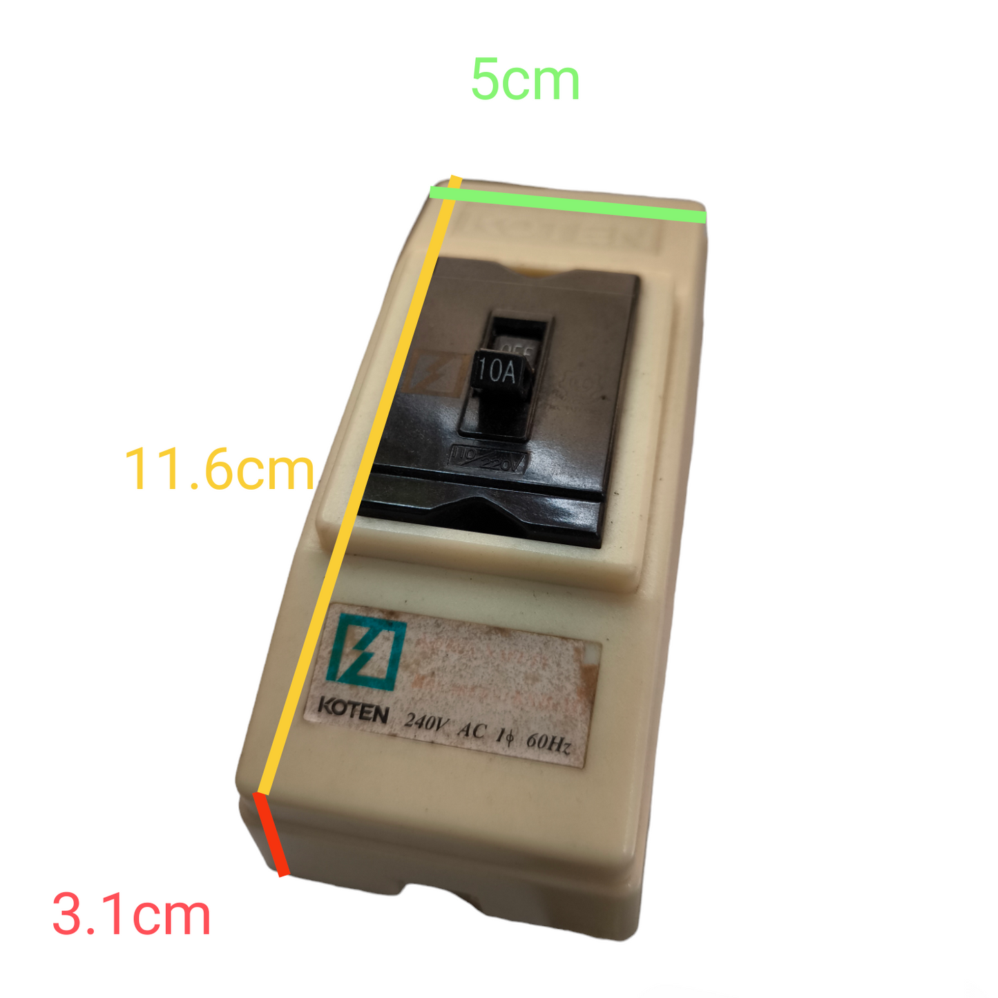 Koten miniature circuit breaker with 10A switch and compact white casing measuring 11.6cm by 5cm