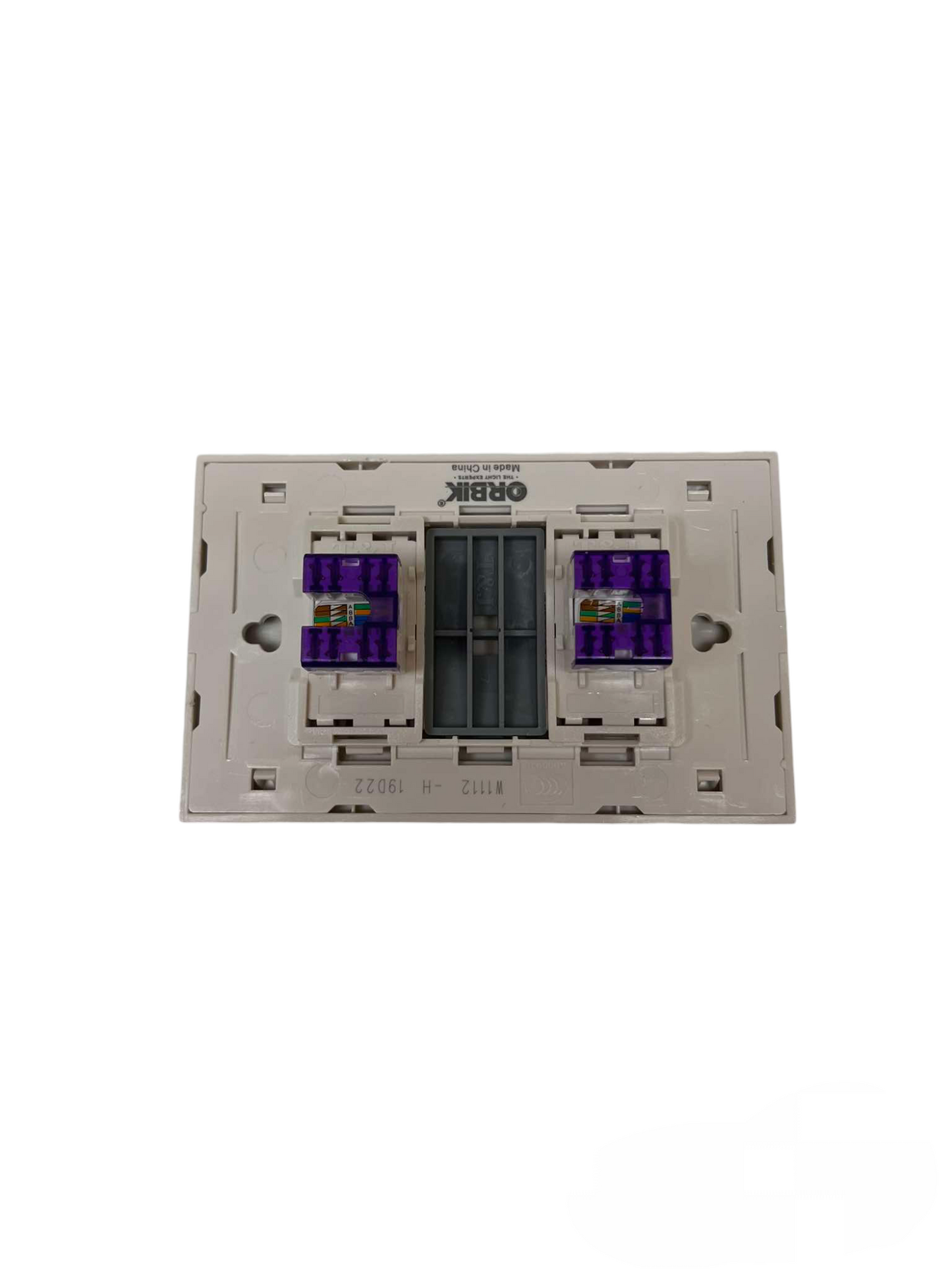 T&J LAN Outlet with Plate Cat6 Outlet showing dual purple connectors for network cables