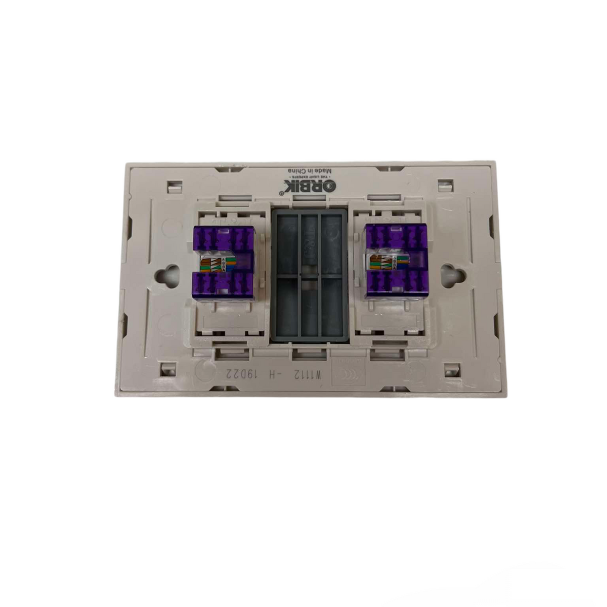 T&J LAN Outlet with Plate Cat6 Outlet showing dual purple connectors for network cables