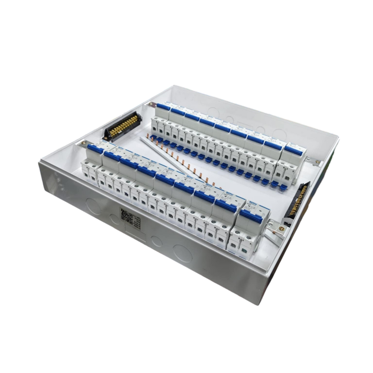 Royu and ZY 17 branch 2 pole MCB panel metal enclosure with two rows of white breakers and copper busbars