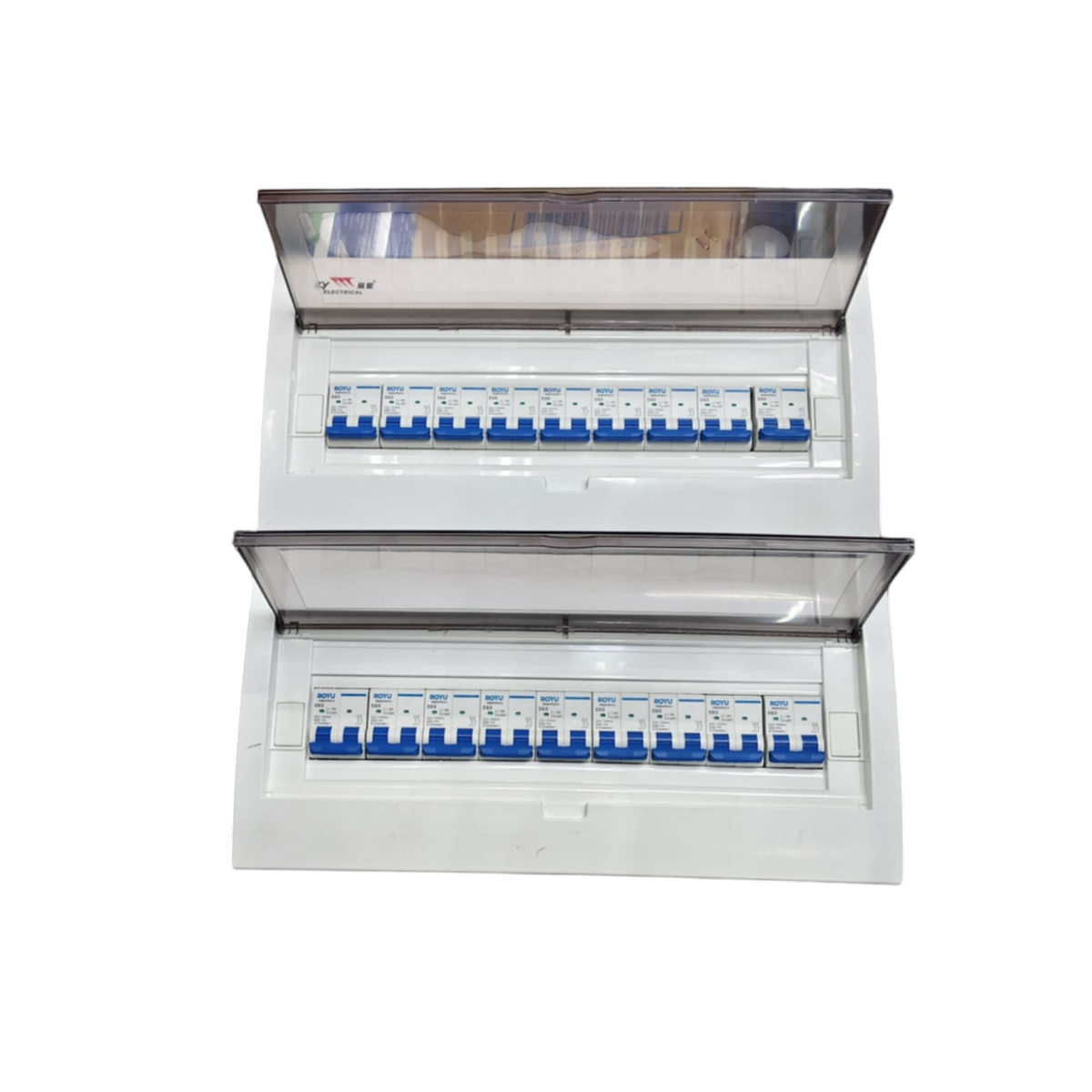 Royu and ZY 17 branch 2 pole MCB panel dual white distribution boxes with blue toggle breakers
