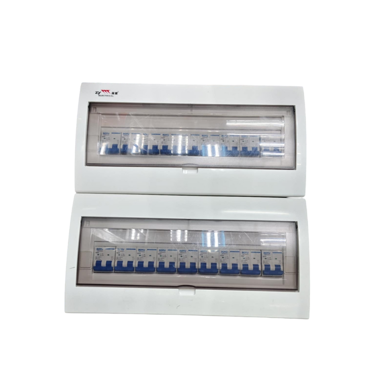 Royu and ZY 17 branch 2 pole MCB panel white plastic enclosure with clear hinged cover and breakers