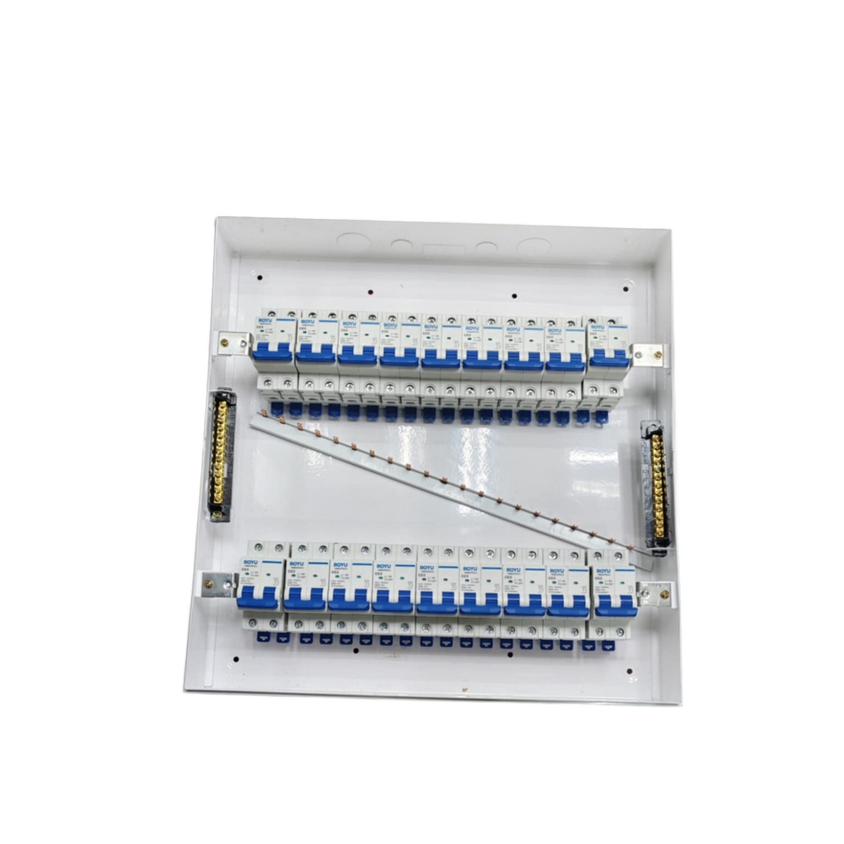 Royu and ZY white metal enclosure with 17 branch 2 pole MCB panel showing two rows of blue switches and busbars