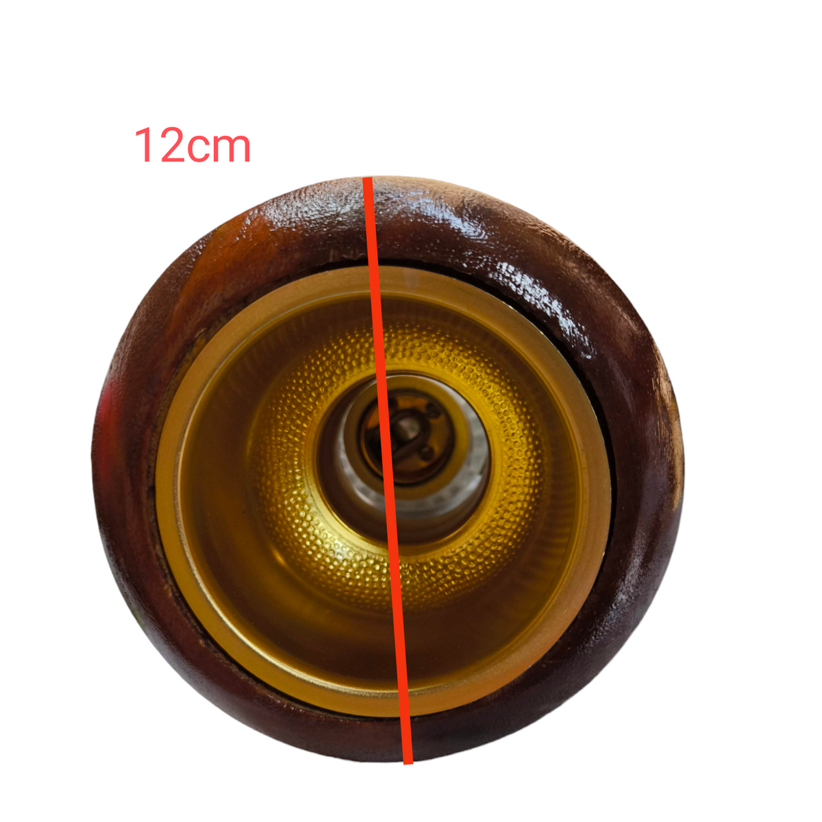 Top view of Local 3.5 inch wooden downlight fixture with round dark wood trim and gold reflector showing 12cm diameter