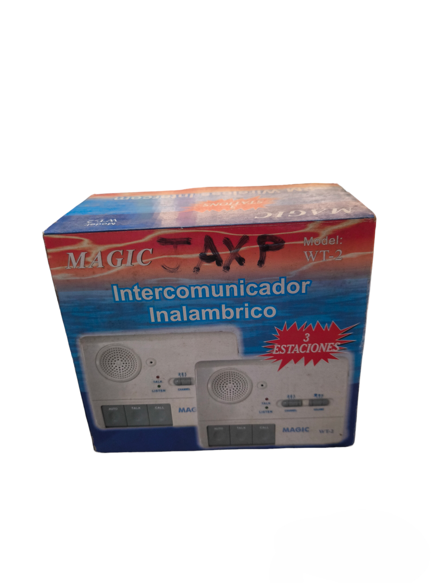 Magic FM WT-2 wireless intercom system box showing two white intercom units for communication