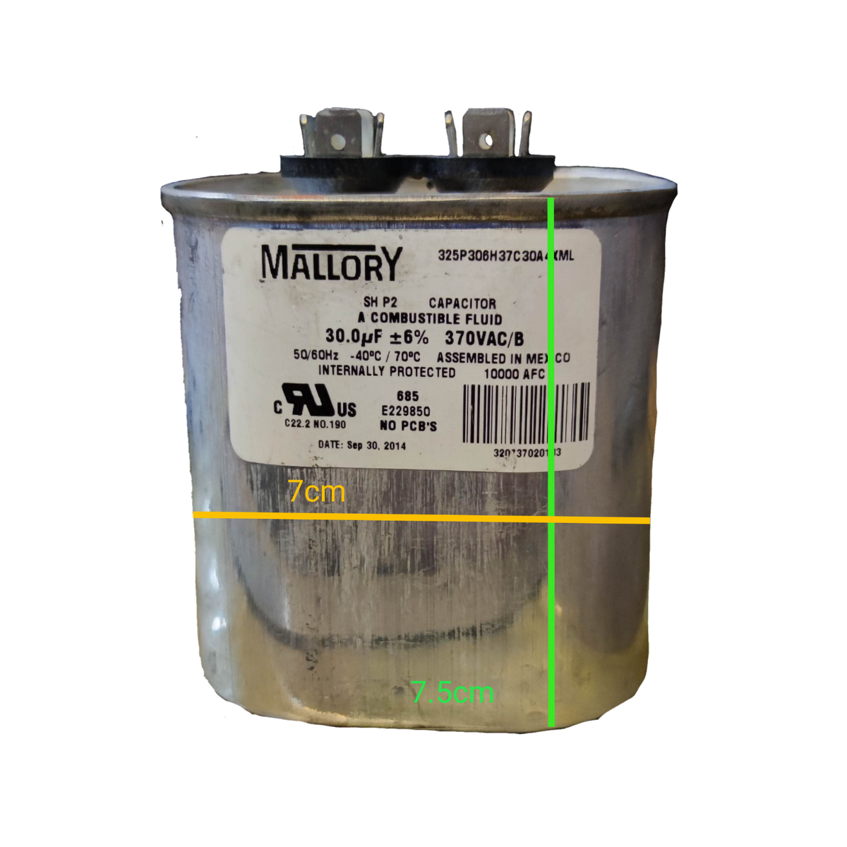 Mallory 30uF 370V AC capacitor designed for efficient electrical performance in circuits