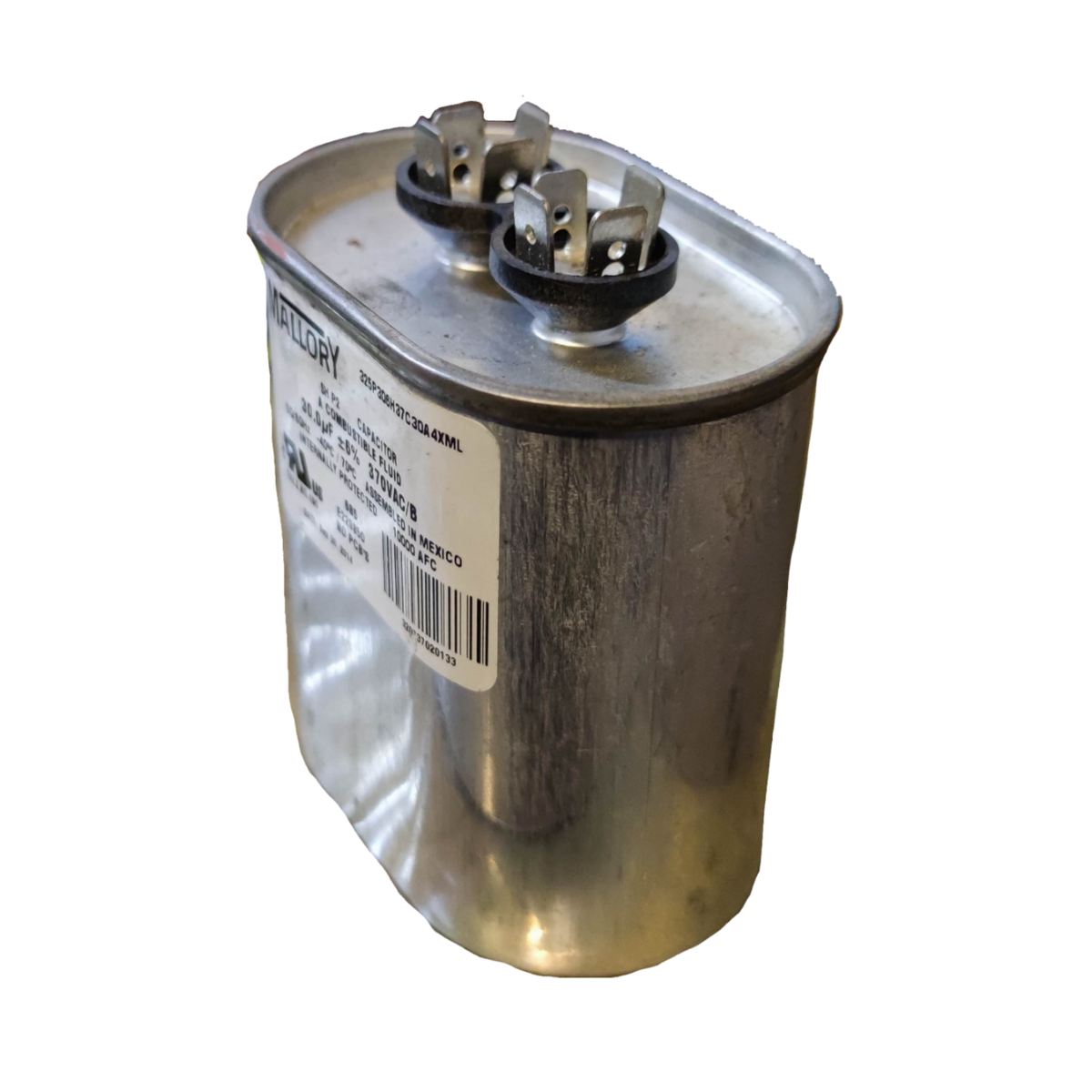 Mallory 30uF 370V AC capacitor with a metallic casing and dual terminals for electrical applications