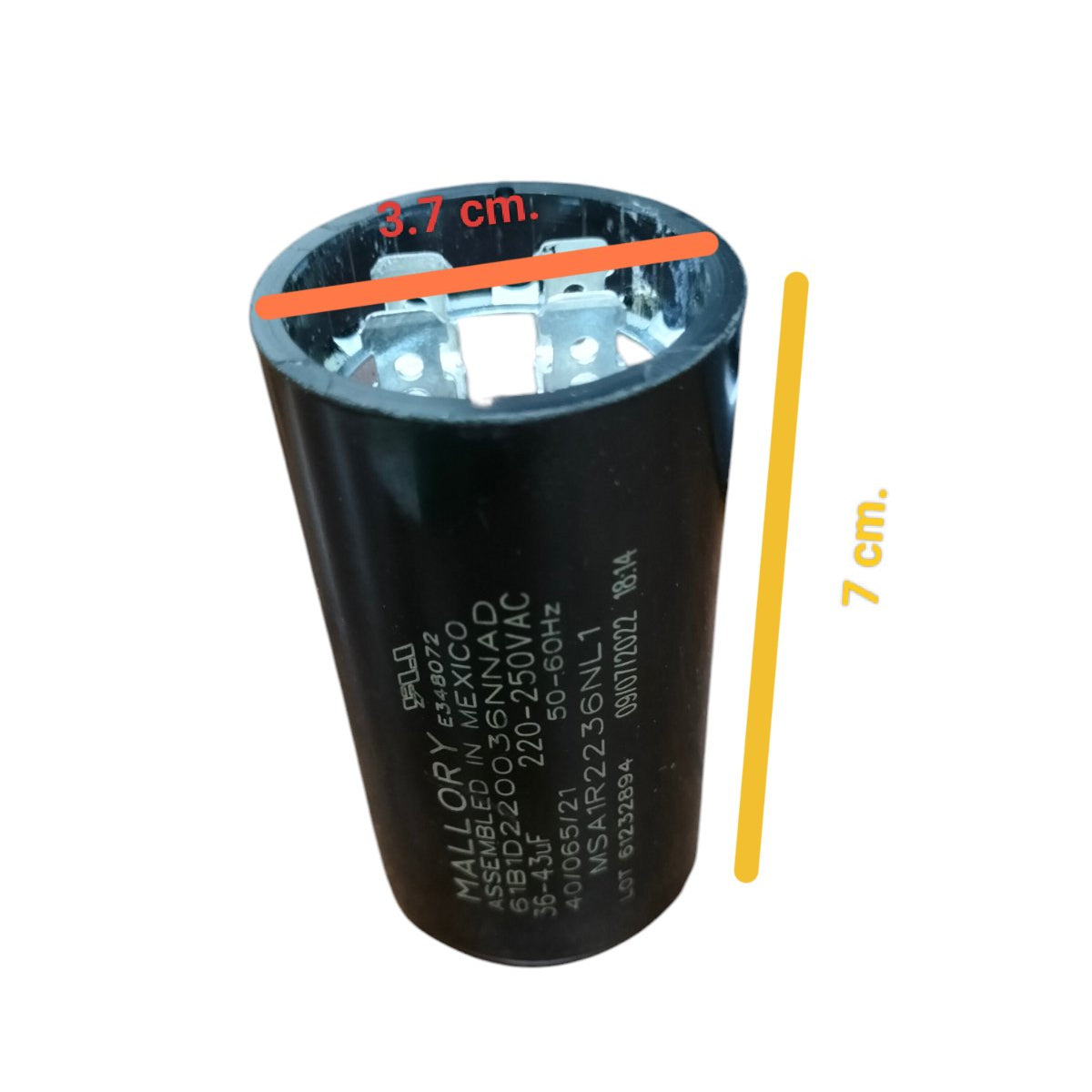 Mallory 36-43UF 220-250VAC motor capacitor in black, 7 cm tall with 3.7 cm diameter