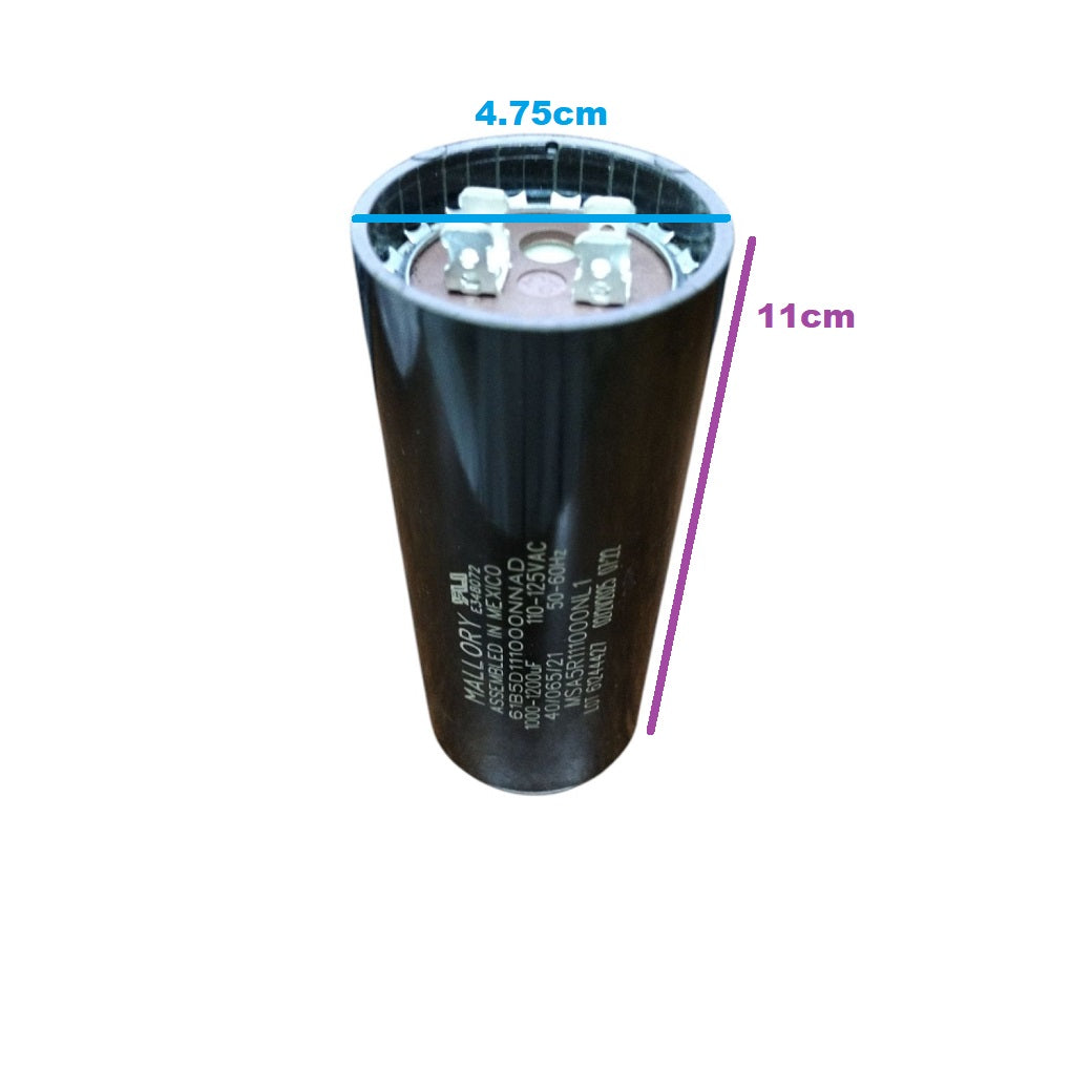 Mallory motor start capacitor 1000-1200uF with dimensions of 4.75cm width and 11cm length