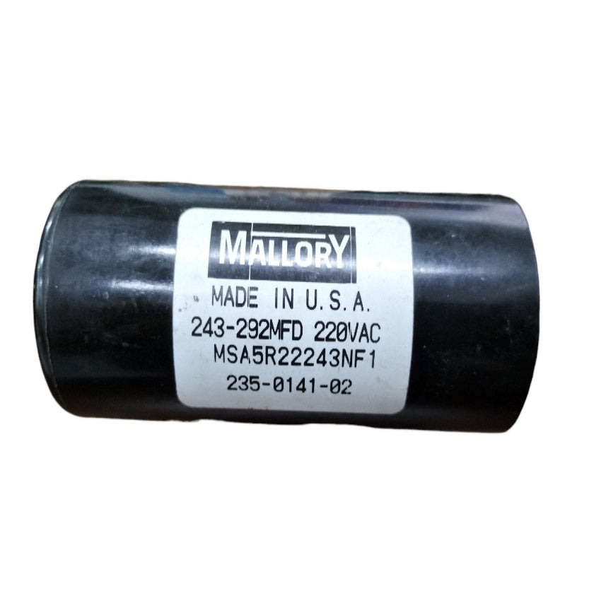 Mallory Motor Start Capacitor 243-292 MFD cylindrical electrical part in black casing