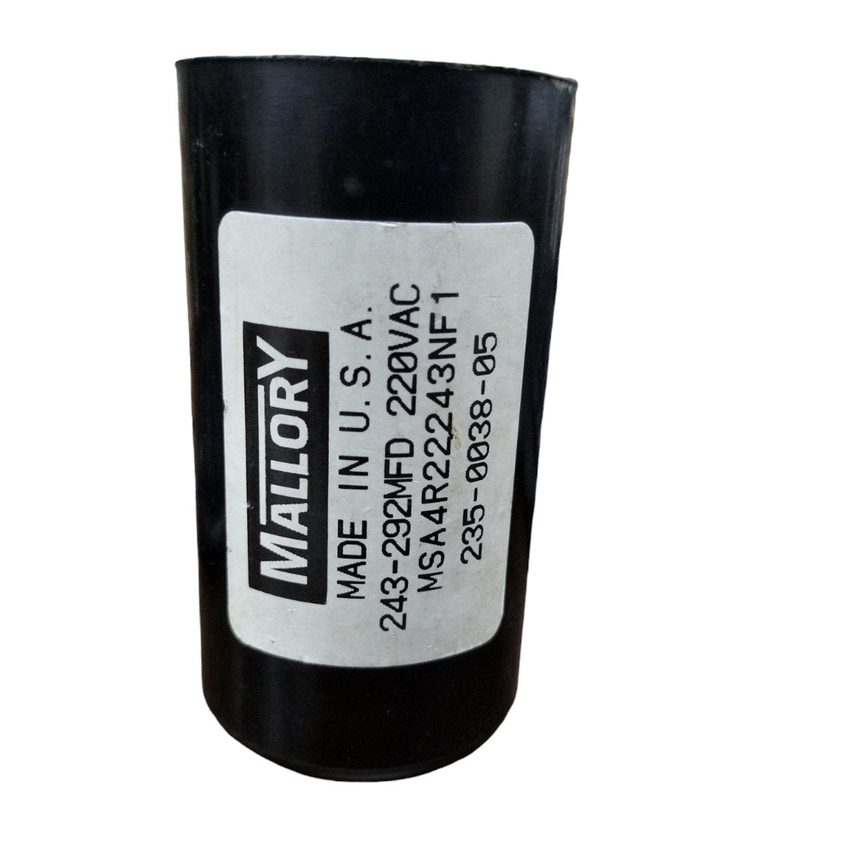 Mallory Motor Start Capacitor 243-292 MFD black cylindrical electrical component with label