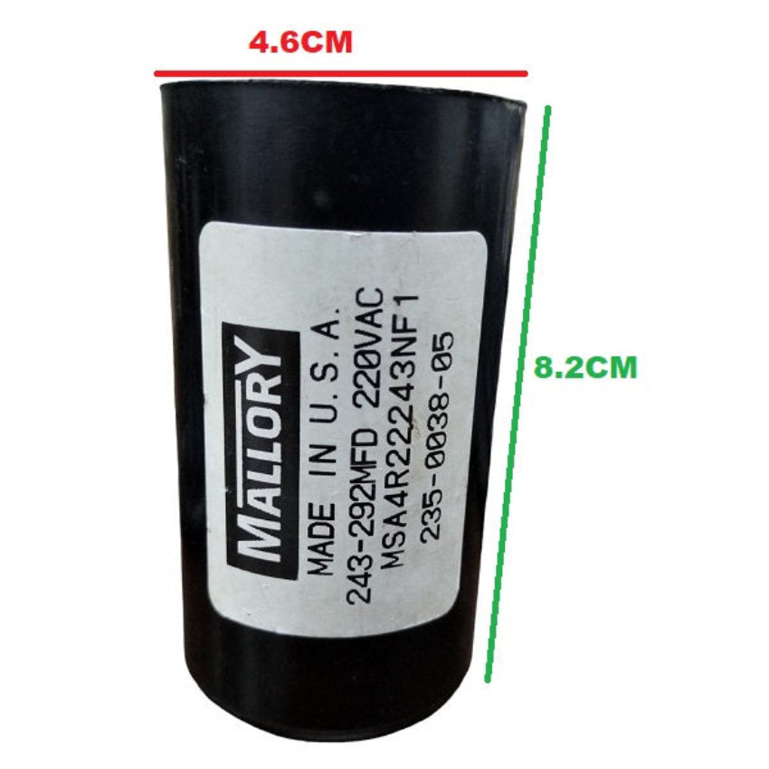 Mallory Motor Start Capacitor 243-292 MFD black cylindrical electrical part with label