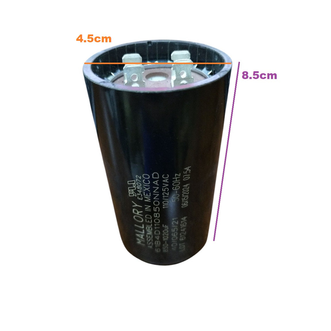 Mallory motor starting capacitor 850-1020UF 125V with a cylindrical design for electrical circuit applications
