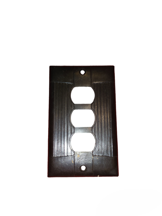 Black metal switch cover 3 gang with vertical grooves and screw holes for power points