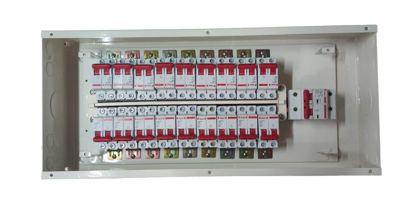 Koten and Himel 100A 2 pole main circuit breaker panel with 24 red toggle modular breakers in white metal enclosure