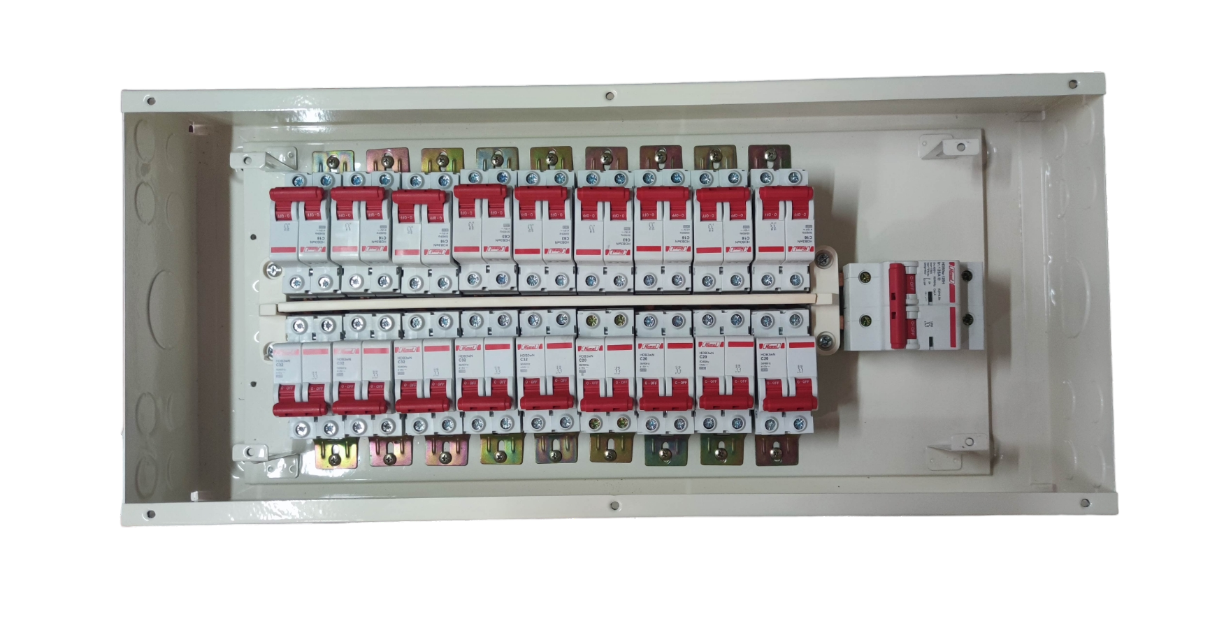 Koten and Himel 100A 2 pole main circuit breaker panel with 24 red toggle modular breakers in white metal enclosure