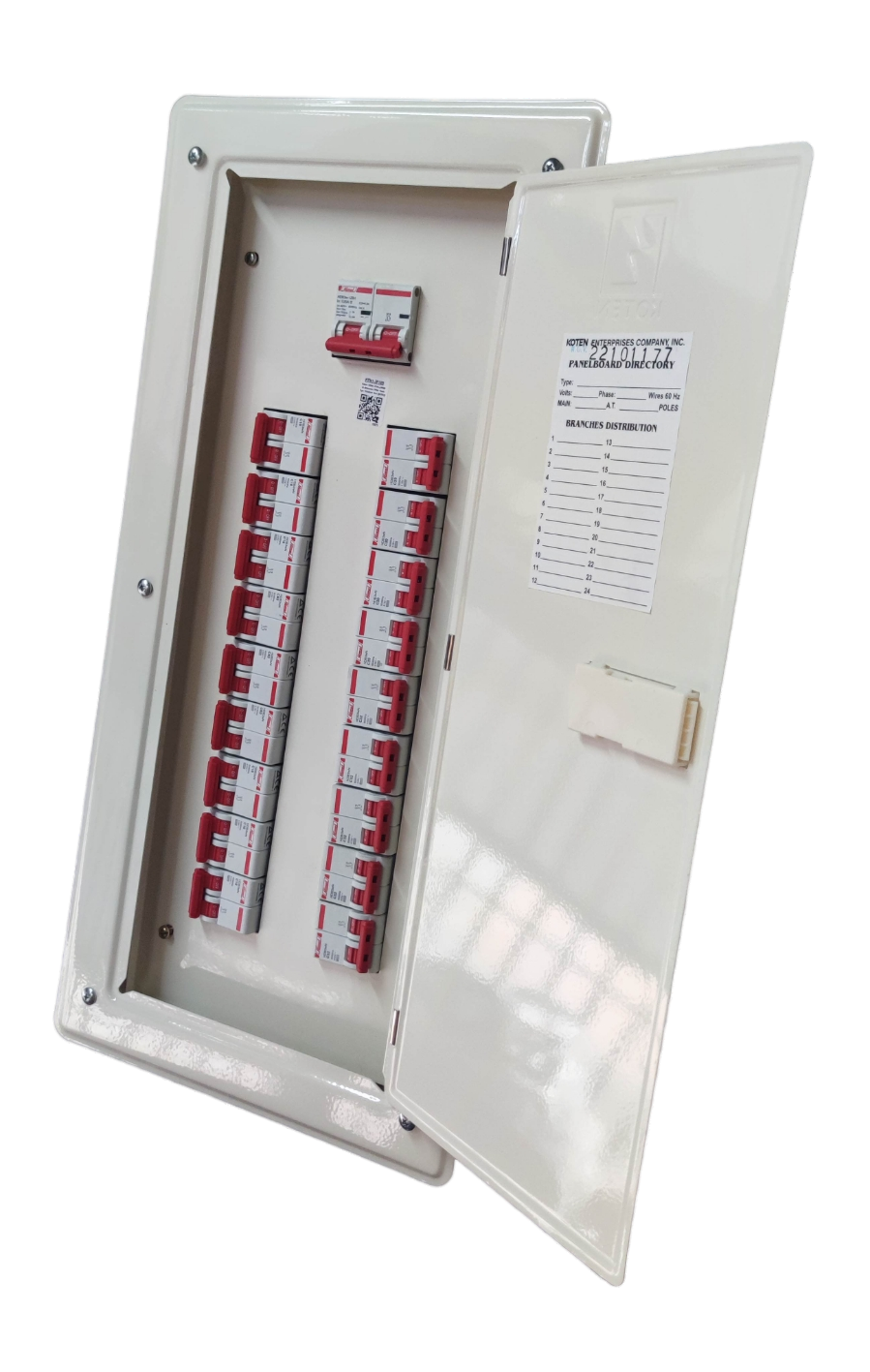 Koten and Himel white metal panel door open showing two columns of red breakers label 100A 2 pole main circuit breaker panel