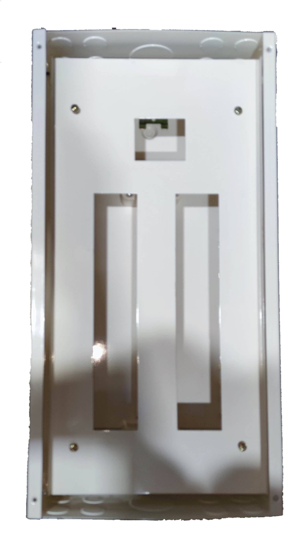Koten and Himel white metal panel box showing breaker cutouts 14 branch panel board with breakers for residential use