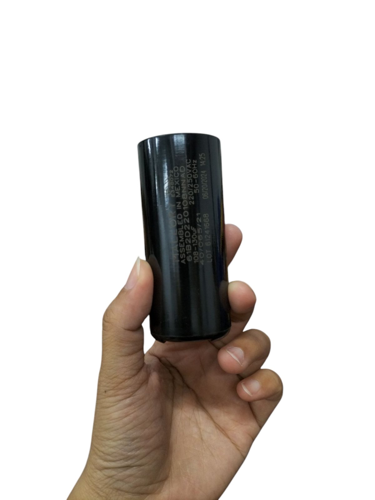 Mallory black motor capacitor showing cylindrical electrical circuitry part