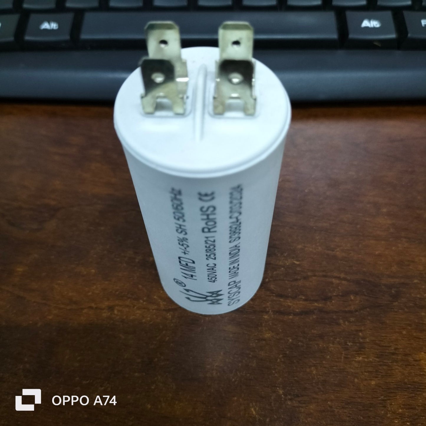 Syscap white motor capacitor with metal terminals for electrical circuitry and parts