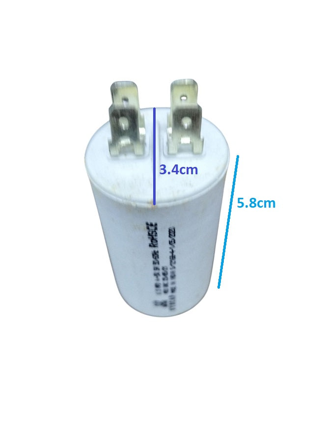 Syscap Motor Running Capacitor 6.5MFD 450V white cylindrical electrical component with metal terminals