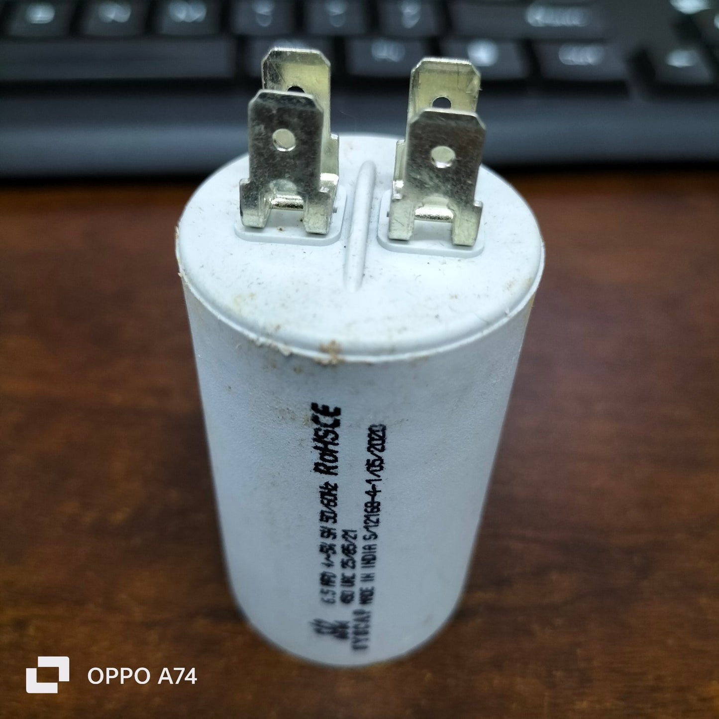 Syscap Motor Running Capacitor 6.5MFD 450V white cylindrical electrical part with metal terminals
