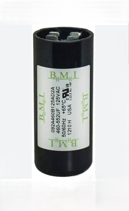 BMI Motor Starting Capacitor 460-552 UF cylindrical black electrical component with label