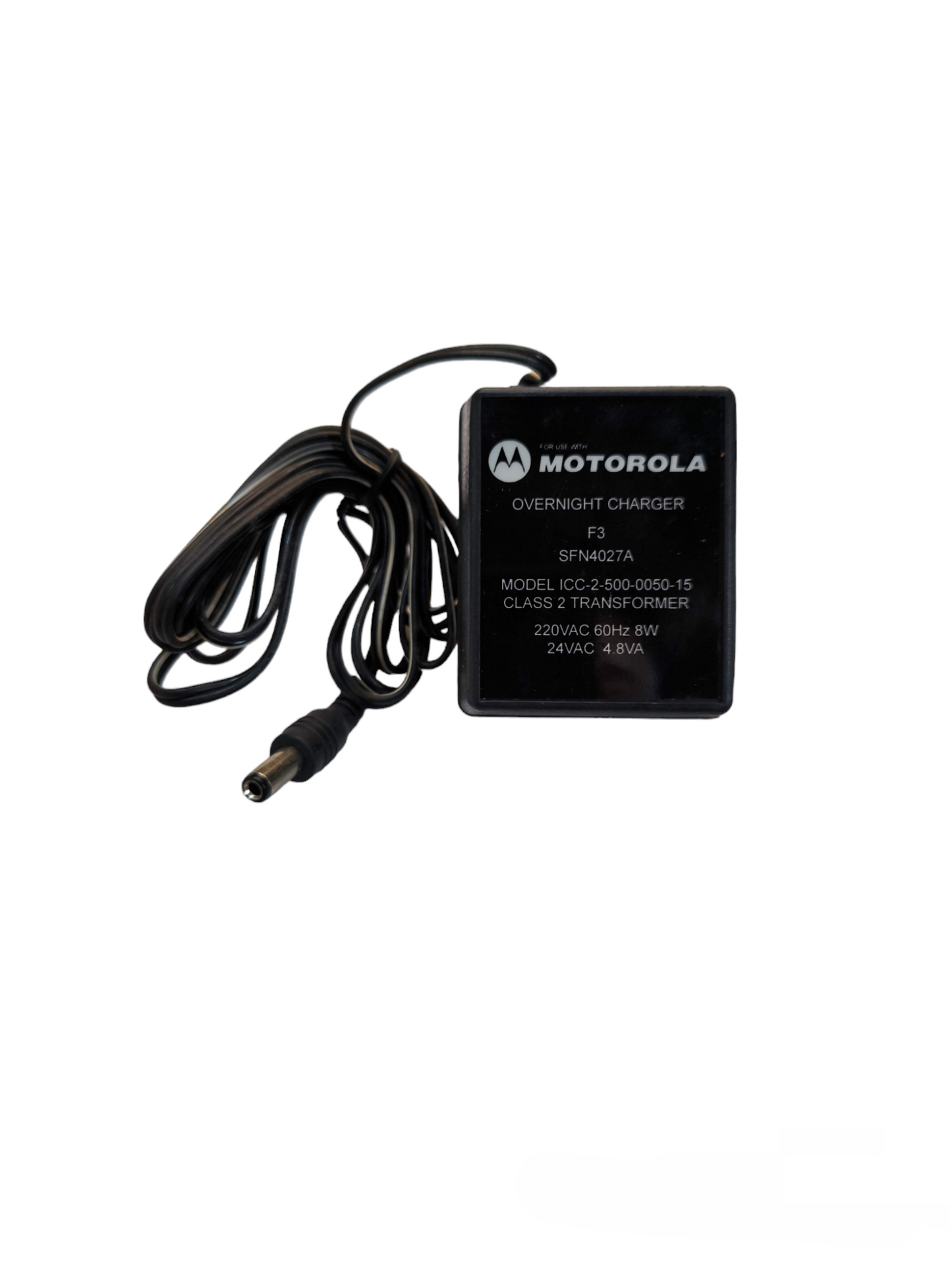 Motorola 220V to 24VAC transformer for industrial use with black overnight charger and power cord