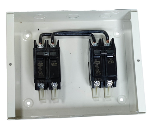 GE and Koten MTS 2 pole single phase switch mounted inside a white metal electrical box
