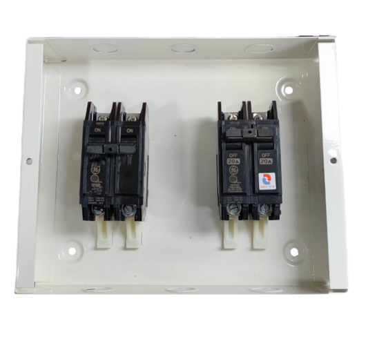 GE Koten MTS 2 pole single phase switch mounted on white metal panel for electrical circuitry