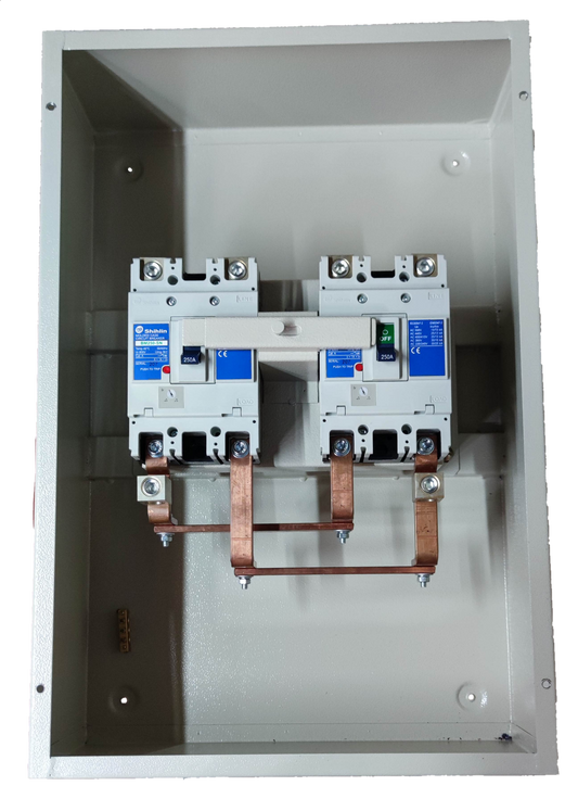 250A MTS 2 Pole Single Pole electrical breaker installed in a white metal enclosure by Electx Electrical Supply