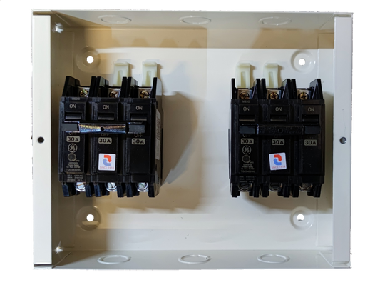 MTS 30A 3 Pole Single Phase electrical circuit breakers mounted in a white metal panel box by Koten and GE