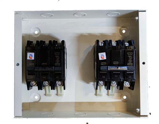 MTS 40A 3 Pole Three Phase electrical circuit breakers mounted on a white panel box