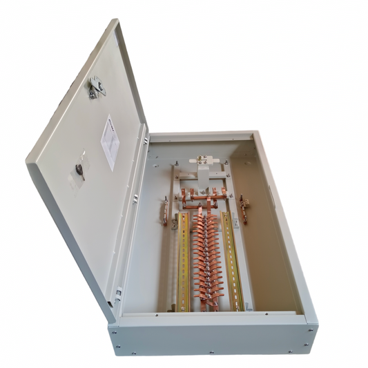 Royu MTS Main MCCB 125AF 2pole Panel Board electrical circuitry with open metal enclosure