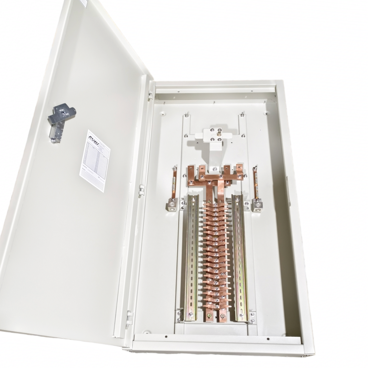 Royu MTS Main MCCB 2pole Panel Board with open metal enclosure showing copper busbars and connections