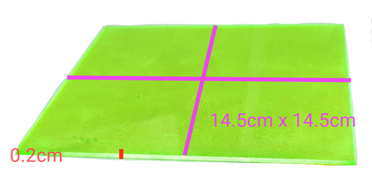 Neon green acrylic filter measuring 14.5cm x 14.5cm and 0.2cm thick for seasonal decorative use