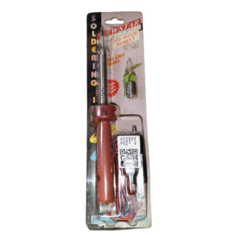 Newstar 40 watt battery operated soldering iron with red handle and included accessory parts in blister pack