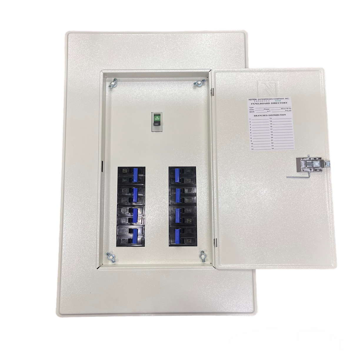 Koten 8 Branches Panel Board 125A Main 2P metal electrical distribution box with open door showing eight breakers