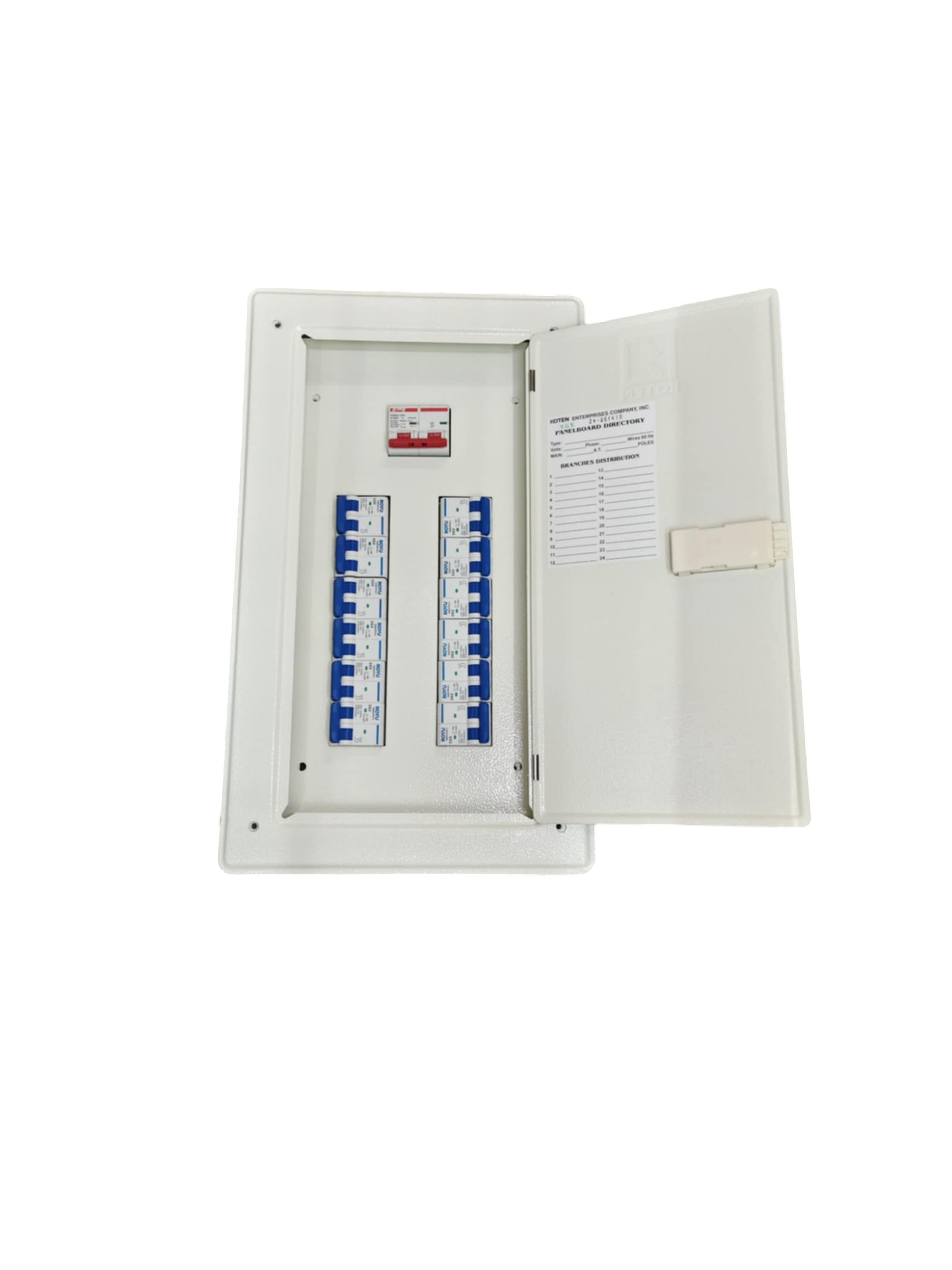 Royu Koten and Himel 12 Branches Panel Box for MCB 125a 2P Main. white metal enclosure with 12 blue MCBs