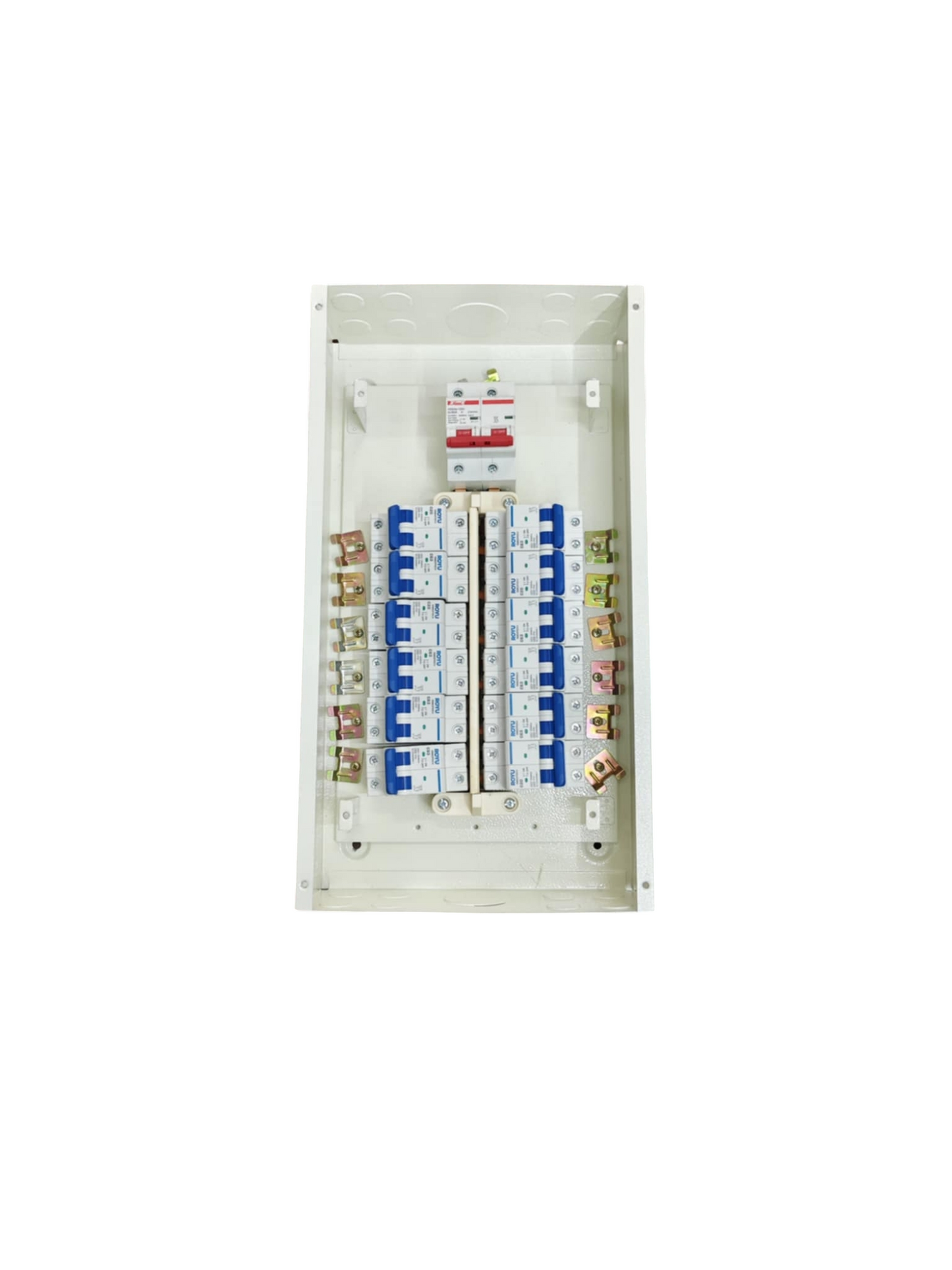 12 Branches Panel Box for MCB 125a 2P Main white enclosure with multiple blue and white MCBs and top 2P main switch