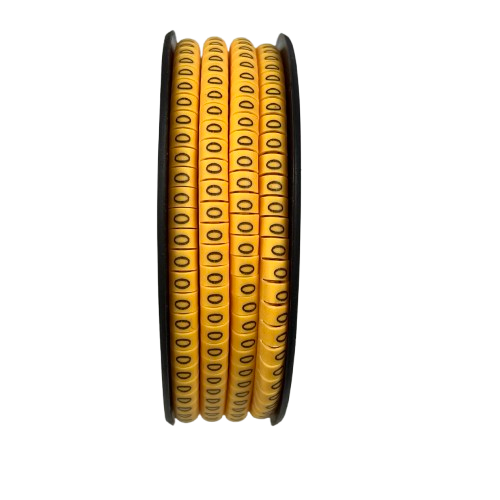 Yellow O Marker 2.6mm to 4.2mm cable management markers on a black spool from China