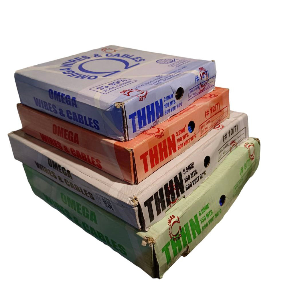 Omega 10 AWG electrical wire roll THHN Stranded in various color-coded packaging for easy identification