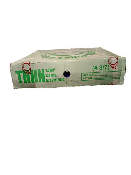 Omega THHN Wire 8 mm Stranded 1 Roll packaging showing 150 meters length and 600 volt rating