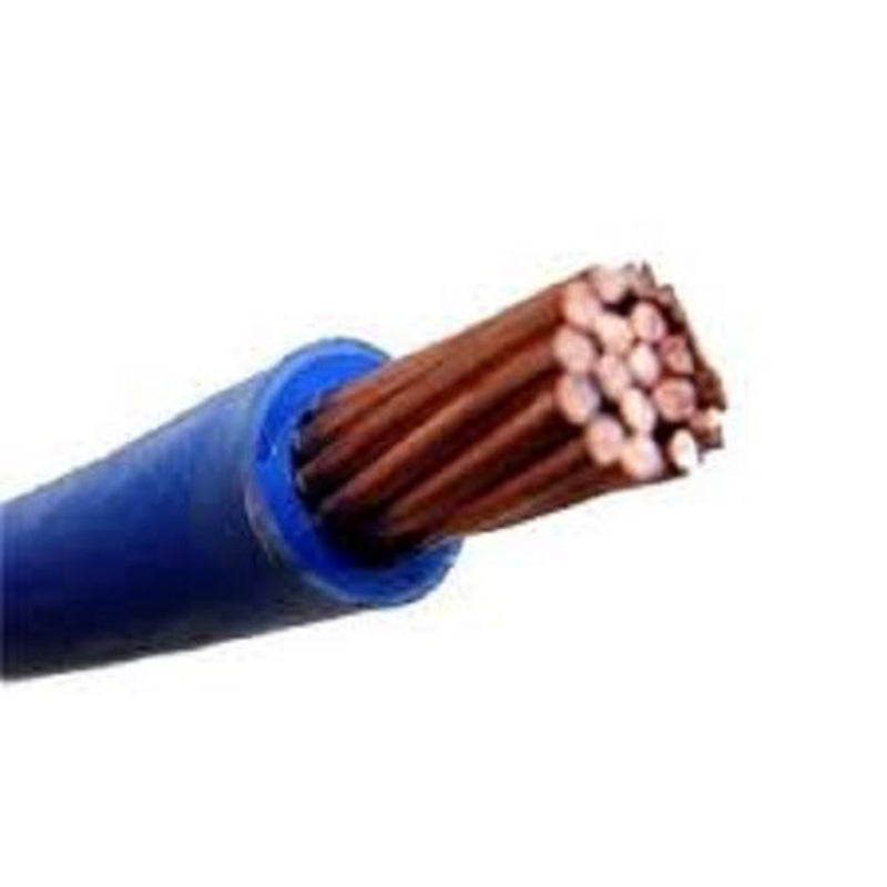 Omega THWN AWG 14 Stranded Blue wire close-up showing copper strands inside blue insulation