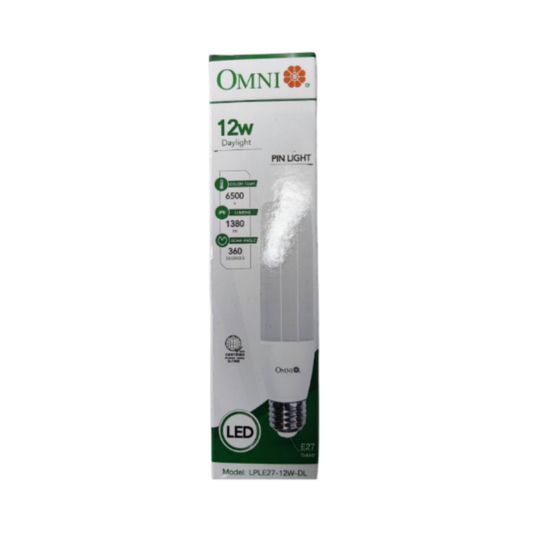 Omni 12W LED stick daylight bulb E27 in white packaging, ideal for bright home lighting